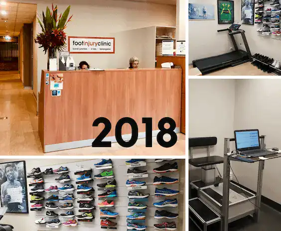 Reception area at Foot Injury Clinic with shoe display and staff, 2018.